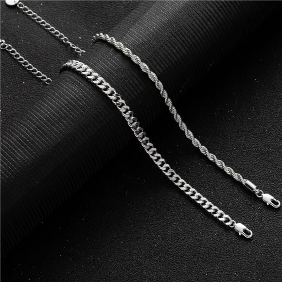 Mens Silver Chain Bracelet Set Figaro Cuban Link Adjustable 7 to 9 Inch Gift - Picture 6 of 7